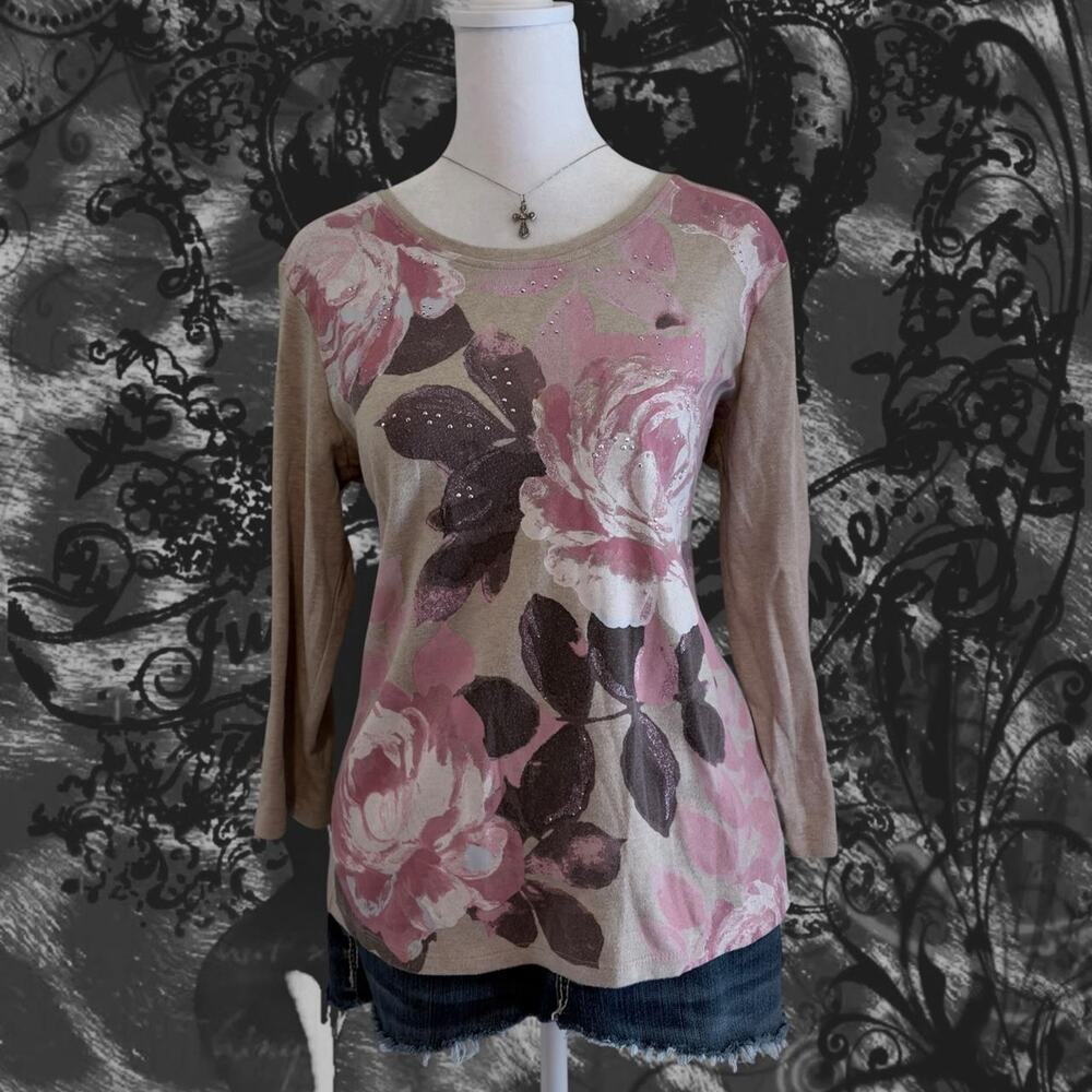dusty pink brown watercolor rose cream nude embellished fairy boho grunge top
